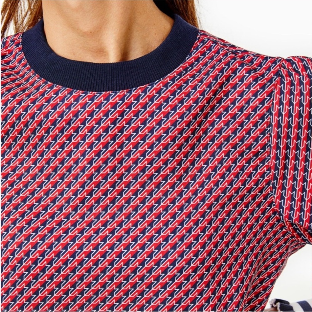 Addison Bay Long Sleeve Ruffle Hem Red White & Blue Patterned Mini Dress - Picture 4 of 11